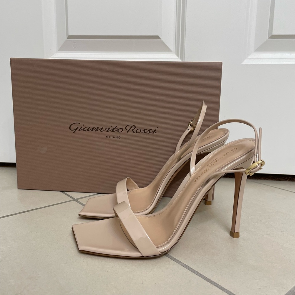 Gianvito Rossi Vernice Ribbon Patent Leather Sandal in Mousse Size 6.5/ 37